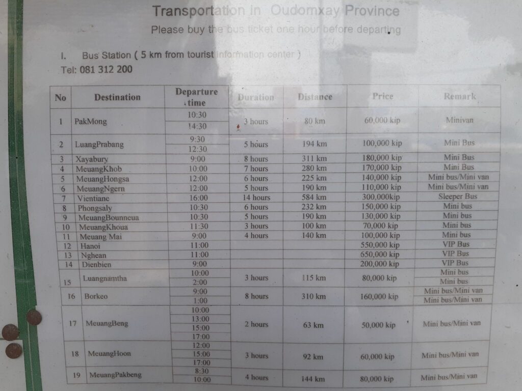 Bus schedule and prices at Tourist imformatoin of Oudomxay (Muang Xay)