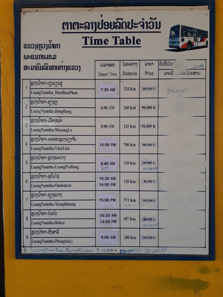 Bus time table and price list in Lunag Namtha Southern Bus Terminal