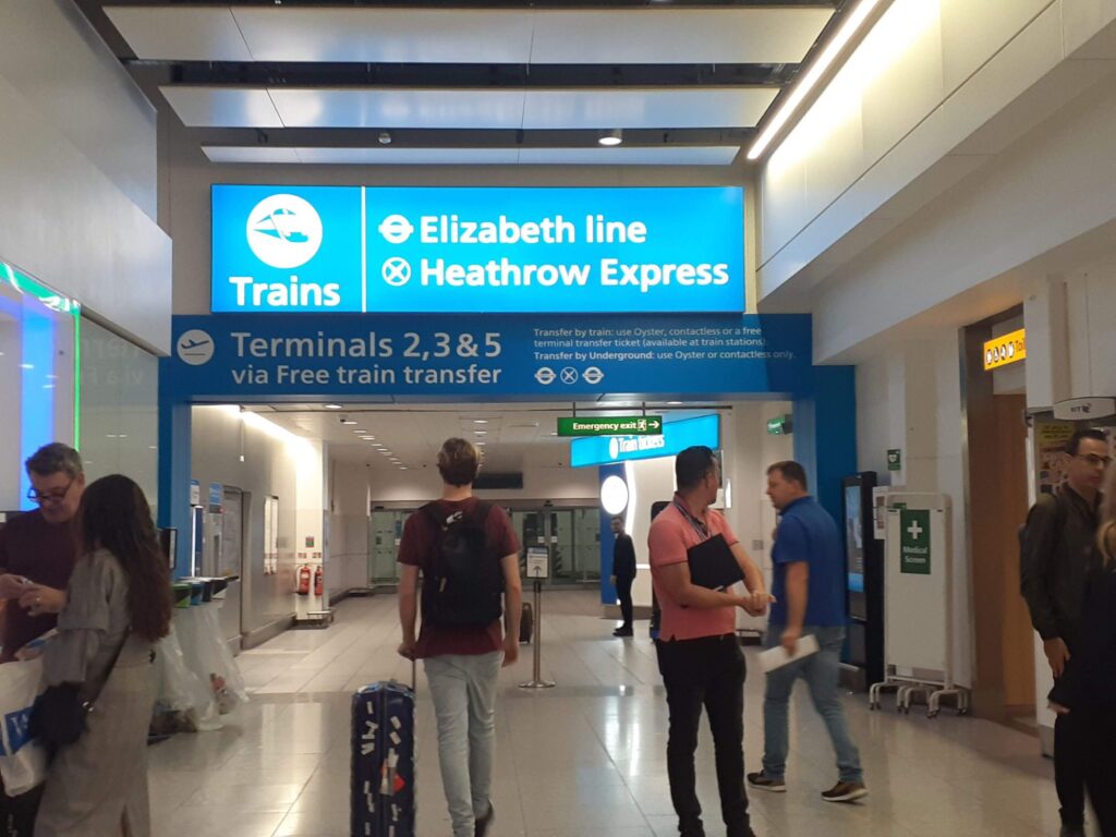 Big sign of Elizabeth line at the Heathrow airport 