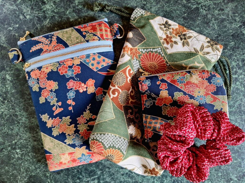 Pouches and a scrunchie made from upcycled Japanese Kimono silk