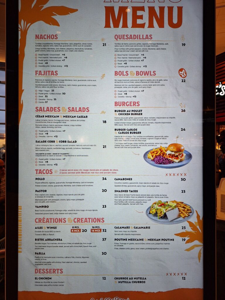 The menu in a restaurant in Montreal international airport 