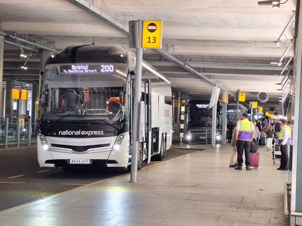 Long distance bus coach at Heathrow airport Terminal 5 
