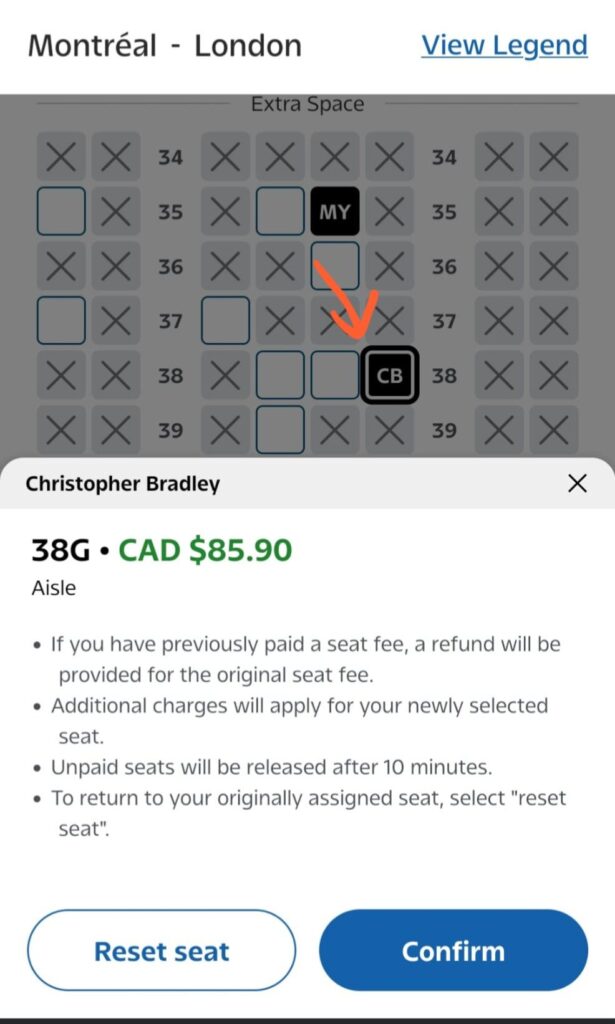 A screenshot of air Canada app. They try to change for changing seats