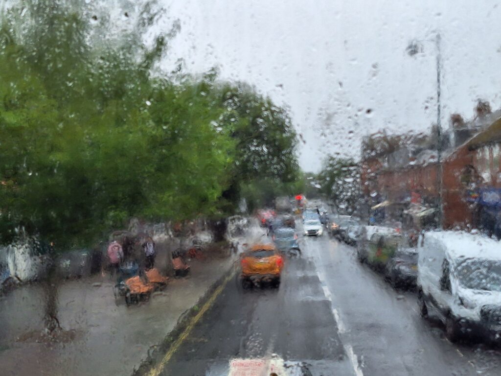 New Milton High Street from the top deck of double decker bus