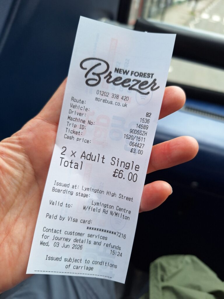 Bus ticket receipt between New Milton and Lymington 