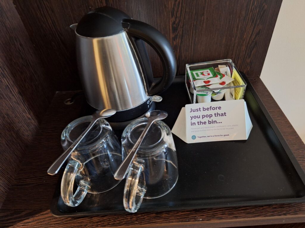 Tea set in the room of Premier Inn Cambridge East (Newmarket Road)