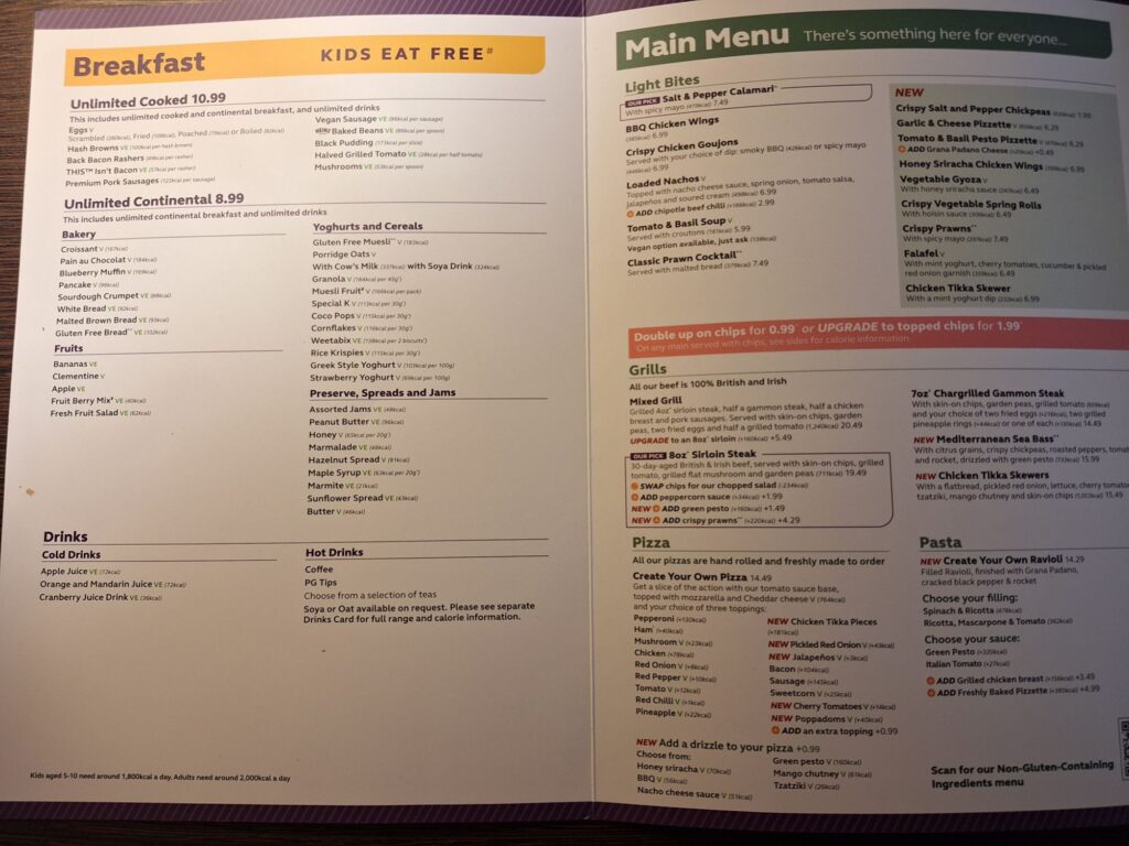 Food menu in Premier Inn Cambridge east