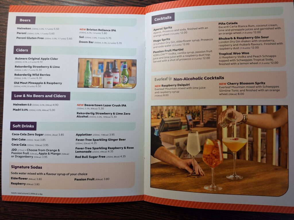 Drink menu in Premier Inn Cambridge east