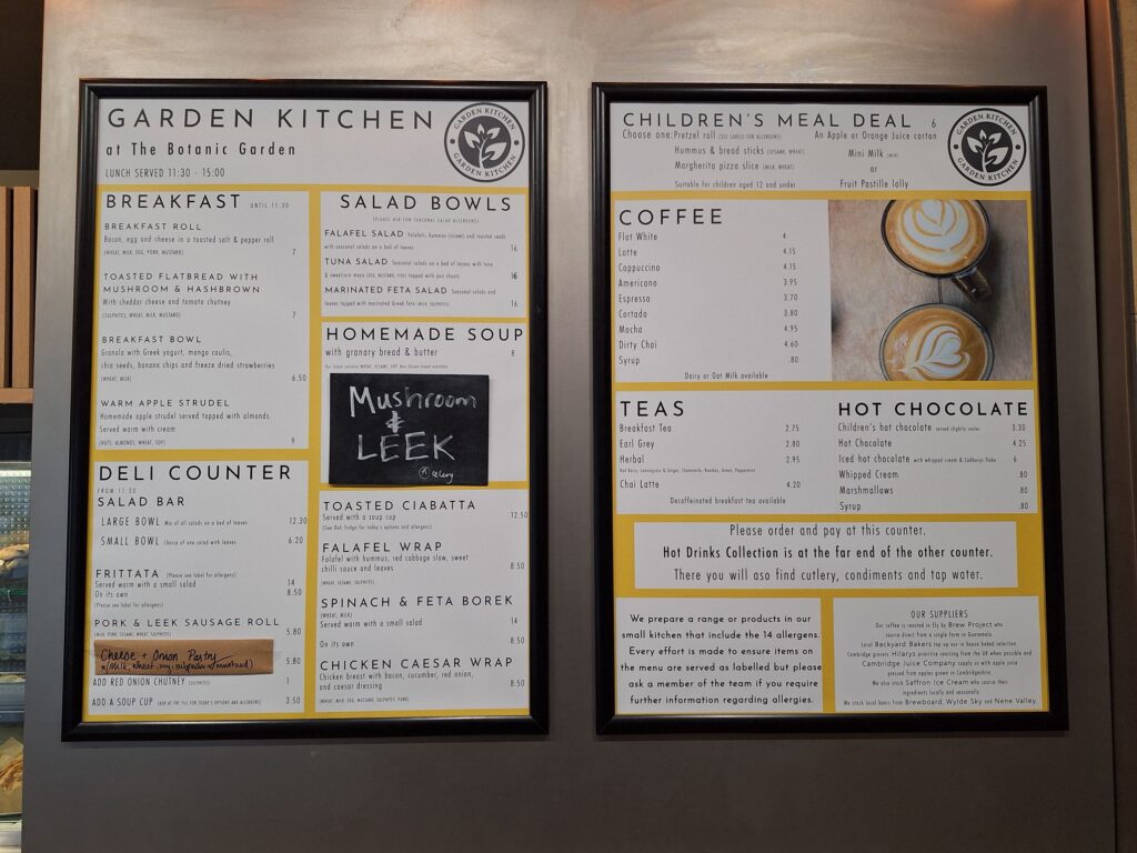 The menu of the cafe in Cambridge university botanical garden