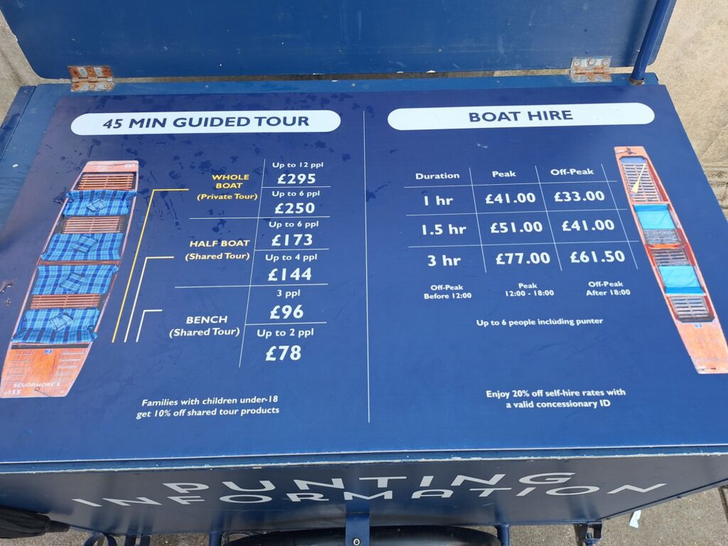 Price list of punting in Cambridge 