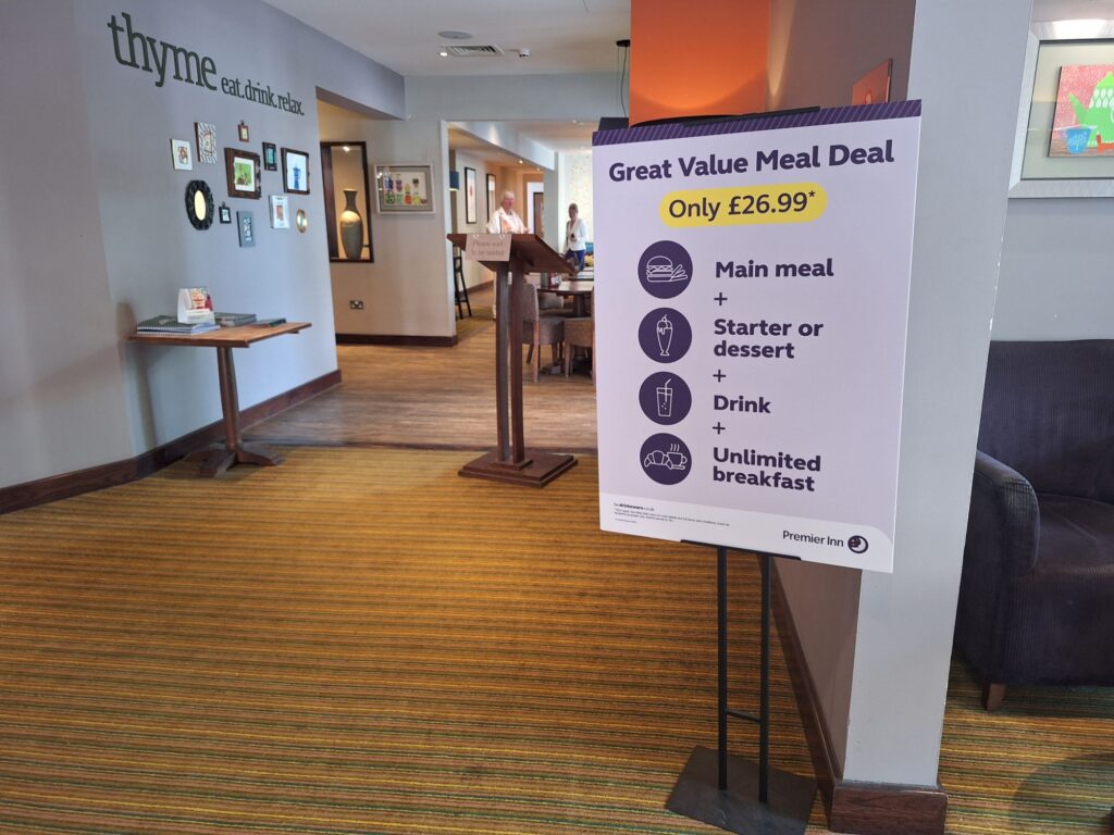 The cafe bar on the ground floor in Premier Inn Cambridge east