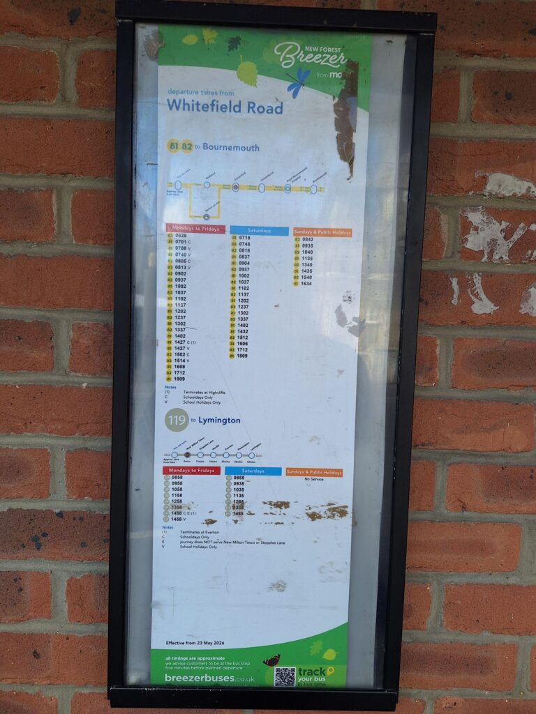 Bus time table at Whitefield Road south in New Milton to Bournemouth