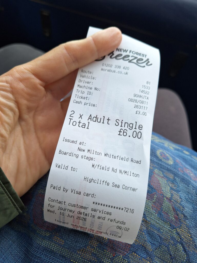 Bus ticket and receipt to Mudeford from New Milton