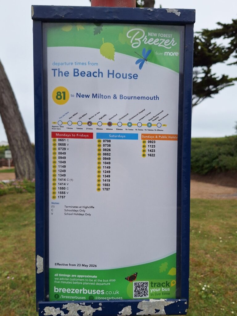 Time table at Beach House bus stop for returning to New Milton