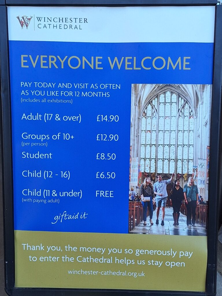 The price list of Winchester Cathedral 