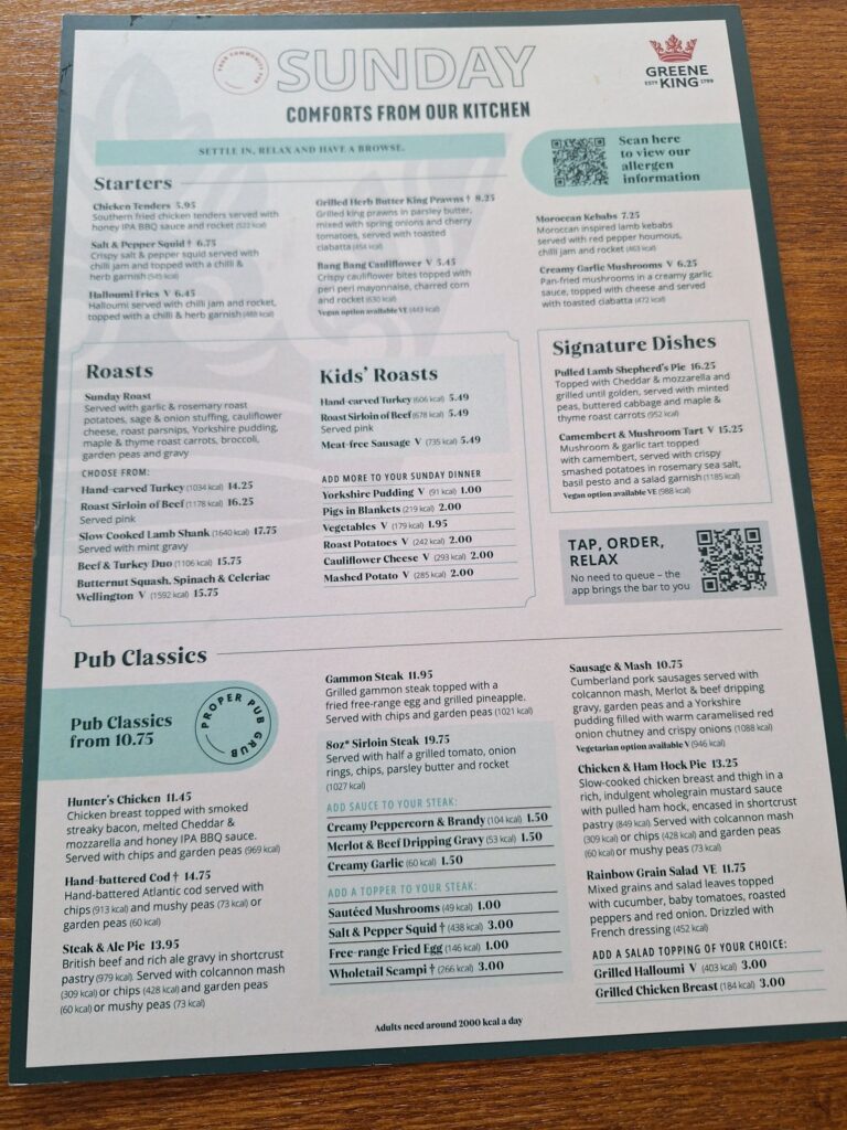 Sunday menu of Walkford