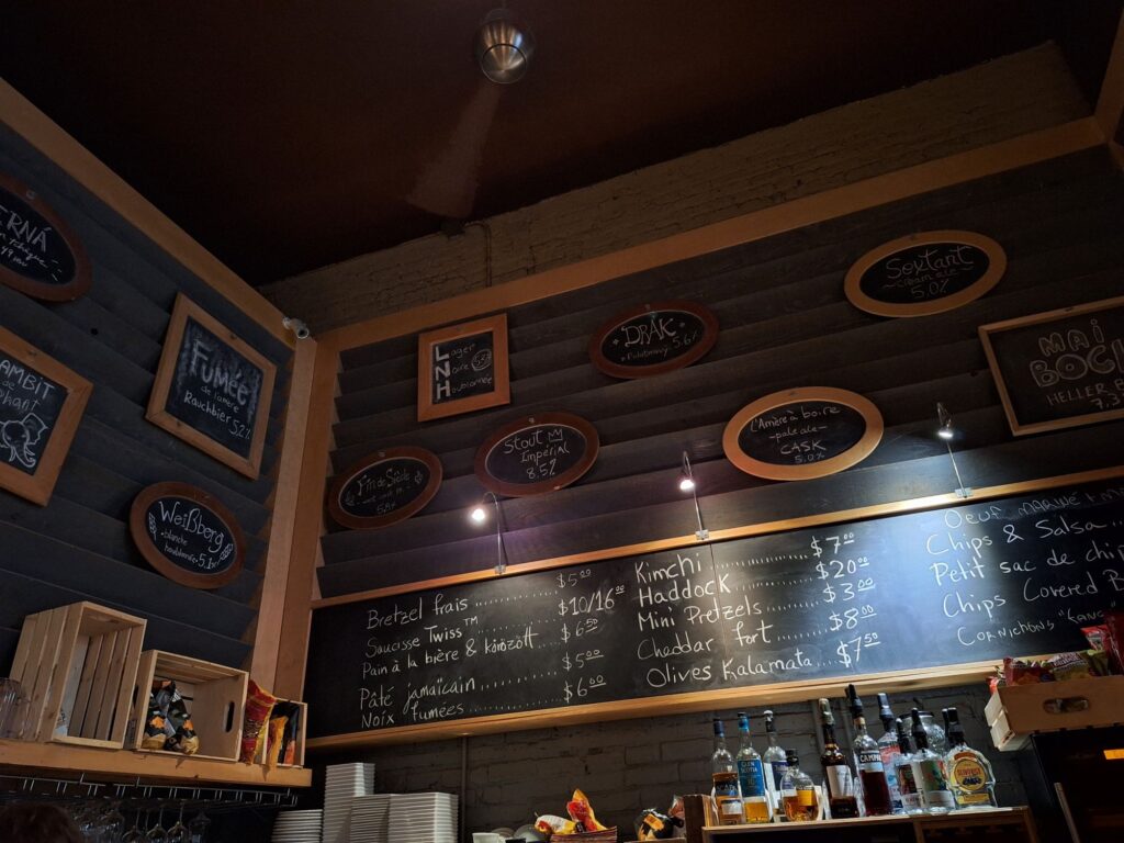 Beer menu on the blackboard in L'Amère à Boire