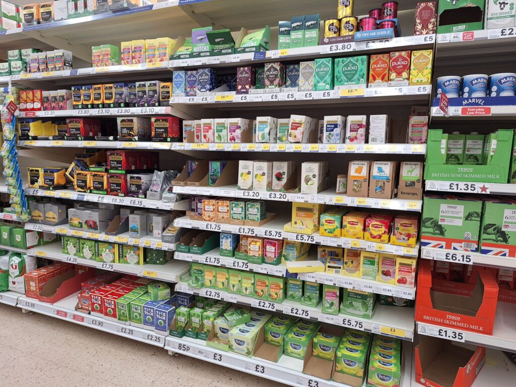 Tea selection in a supermarket in the UK