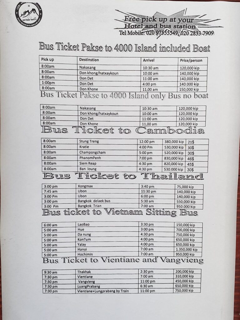 Price list to transportation to si phan don (4000 islands) in Lankham Hotel