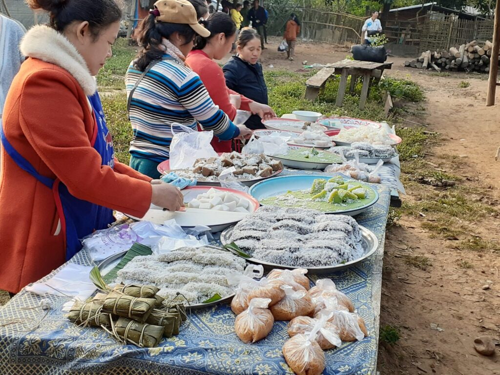 Coconut Flake Sweets in the mornning market in Muang Ngoy