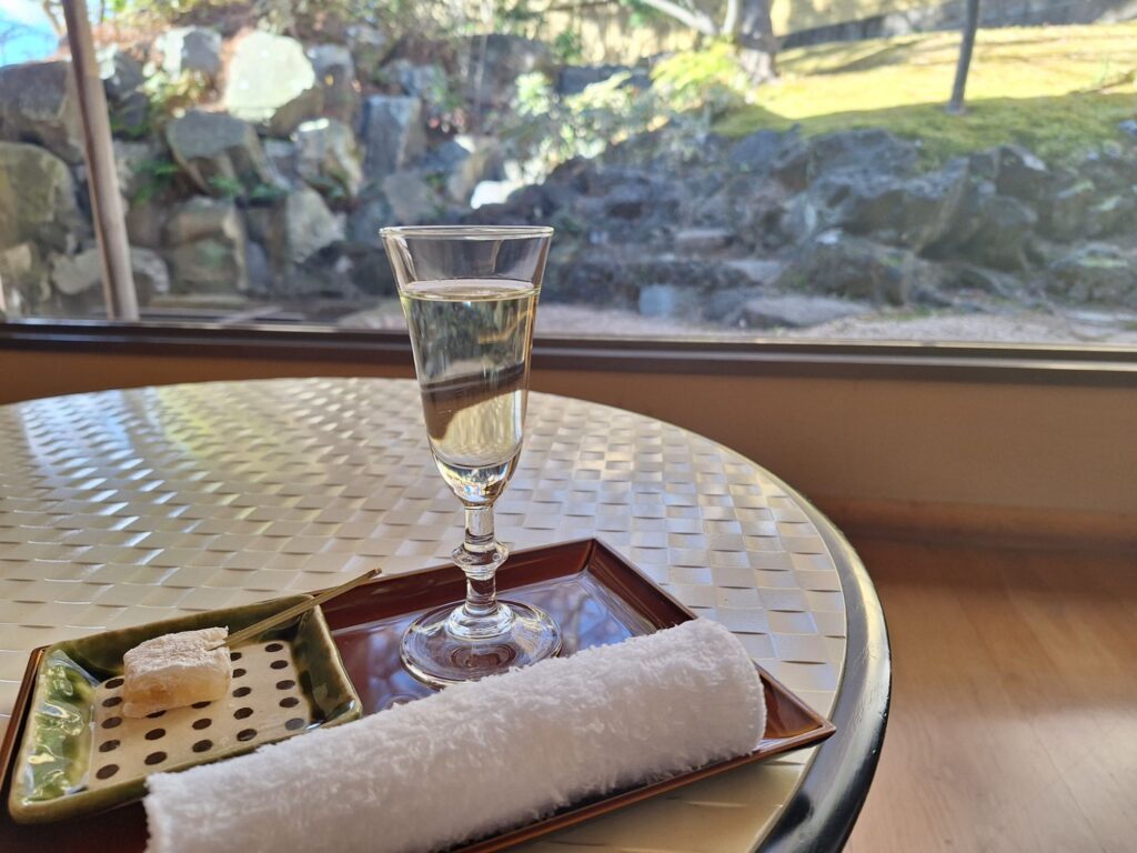Welcome drink and Japanese sweets provided in a Japanese Onsen Ryokan