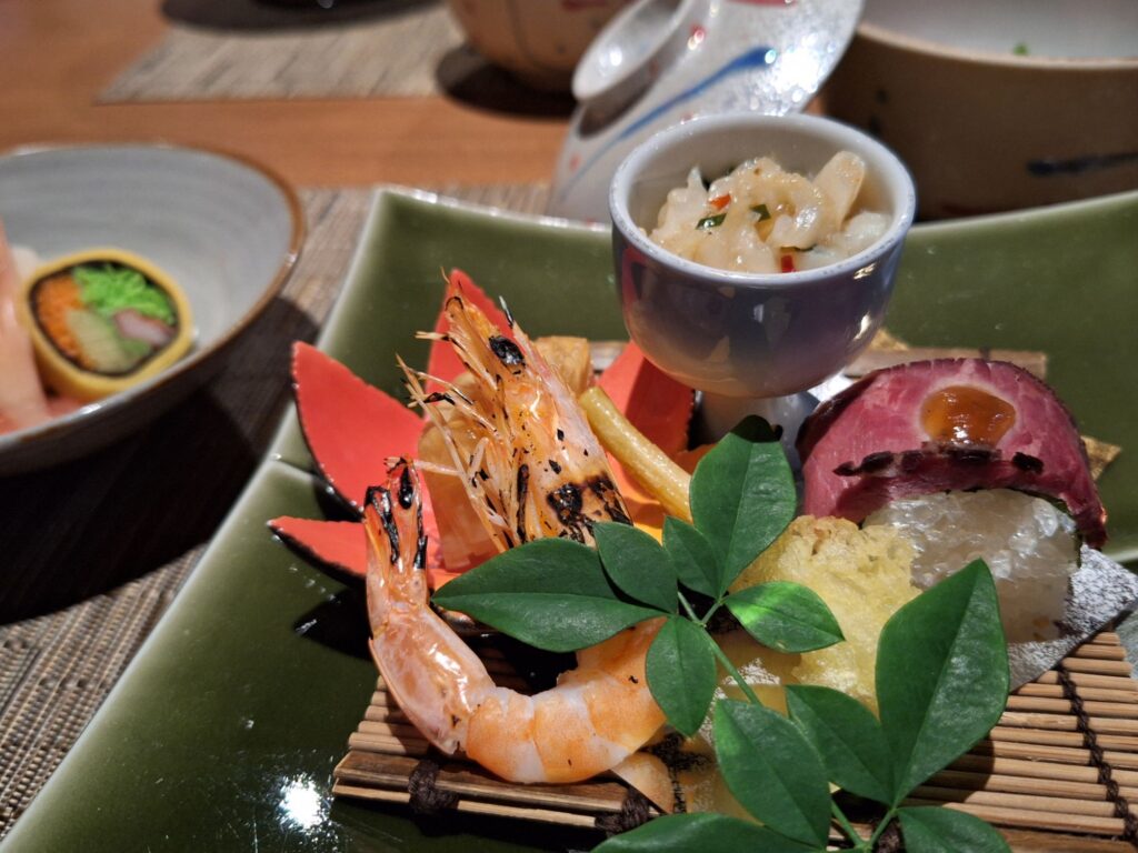 An appetizer of Japanese Kaiseki dinner at a traditional Onsen Ryokan