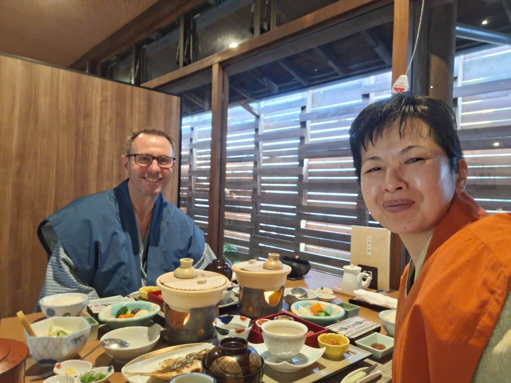 Having Japanese breakfast at the restaurant in the Japanese traditional Onsen Ryokan