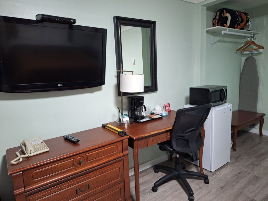 The well-equipped desk area, complete with a fridge and microwave. In Century Motel