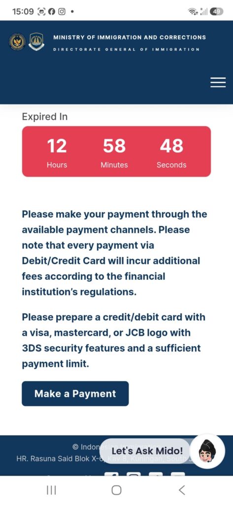 Tap "make a payment" button to pay for indonesian arrival visa